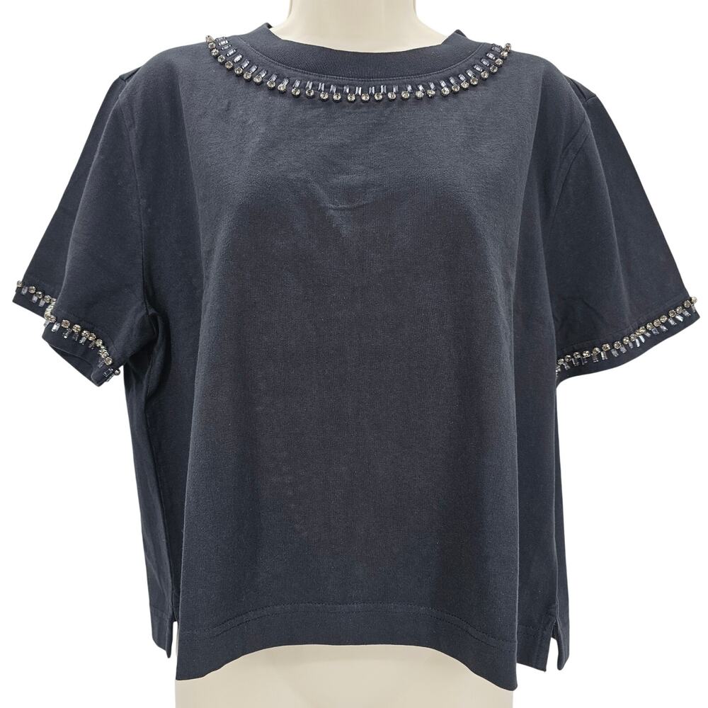 J. Crew Womans size M Relaxed Crystal Embellished Crop T-Shirt Black CD118 NEW